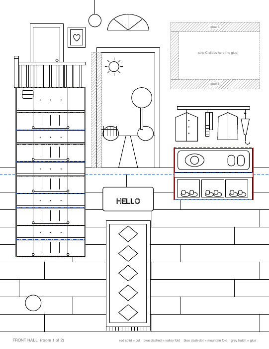 Front hall card: staircase and shoe bench pop-ups