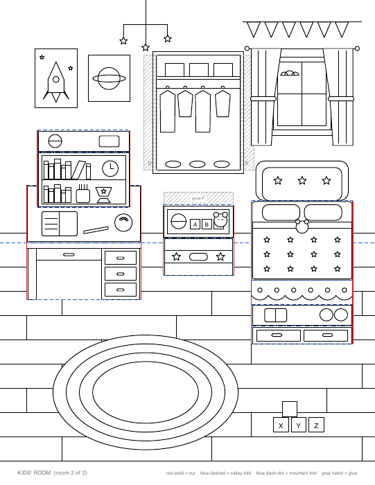Kids' room card: desk with shelves, toy chest and bed pop-ups