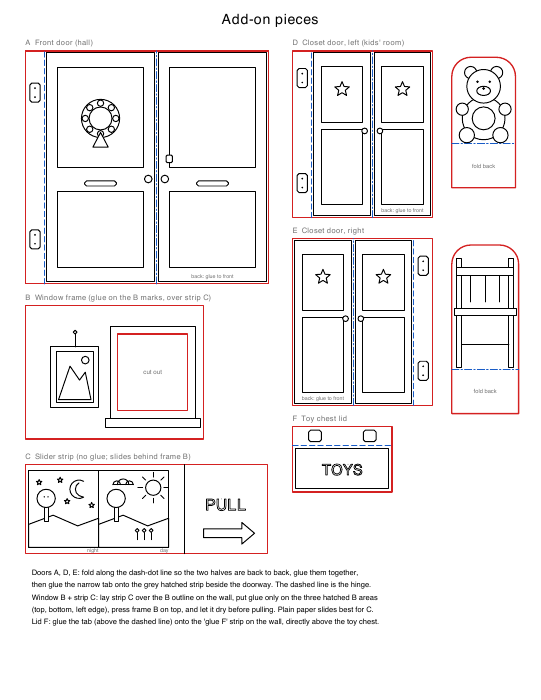 Add-on pieces: doors, window frame, slider strip and toy chest lid