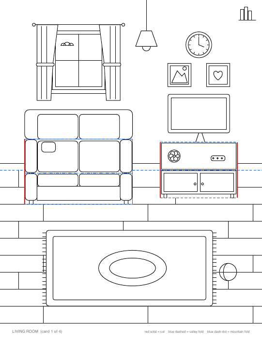 Living room card: sofa and TV stand pop-ups
