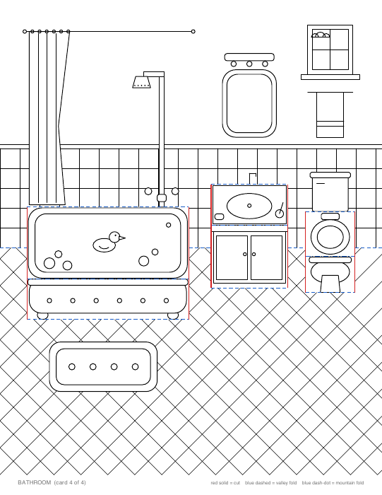 Bathroom card: bathtub, basin and toilet pop-ups